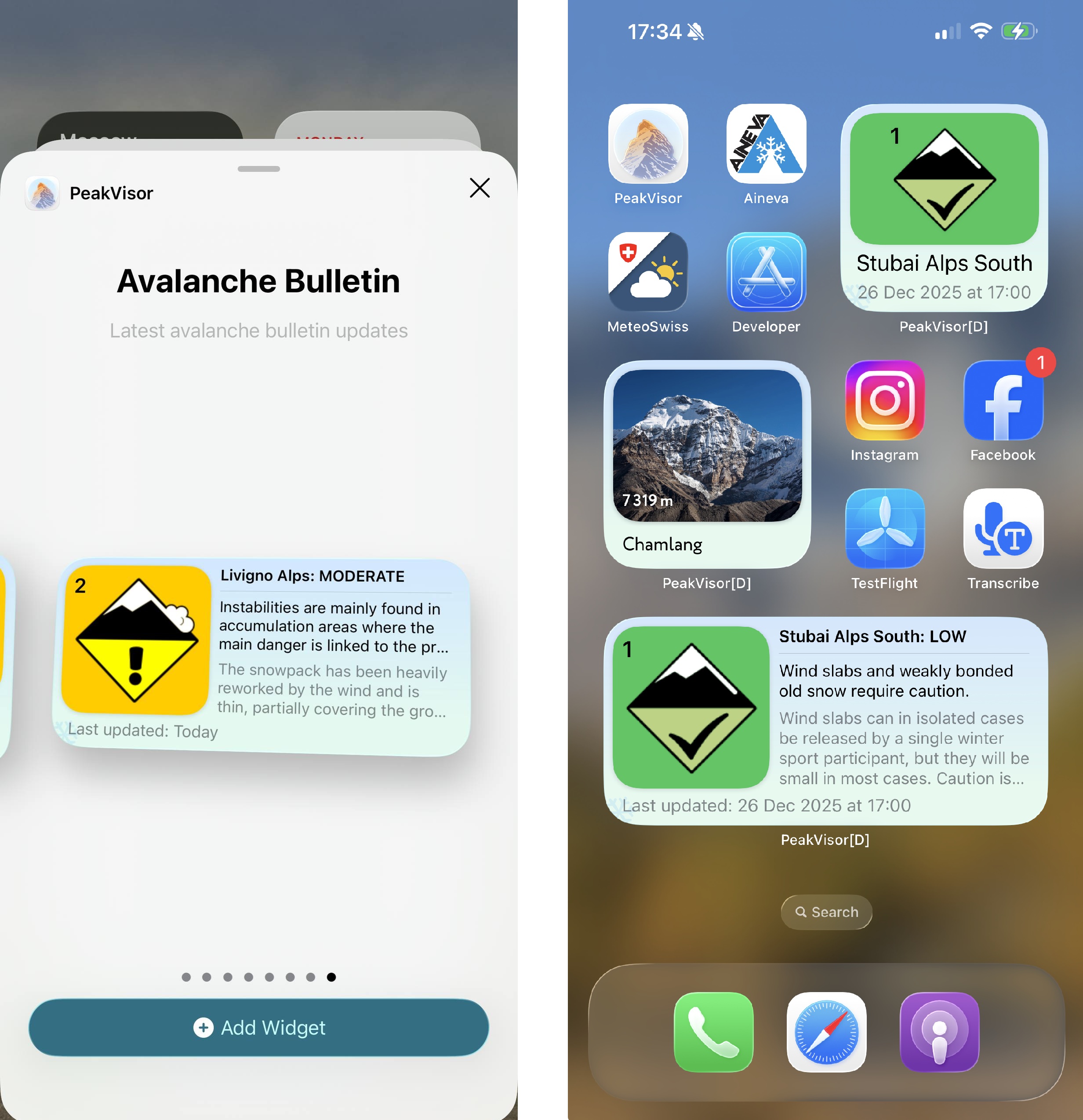 Avalanche bulletin widget on mobile (screenshot 1)