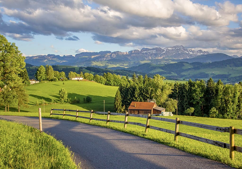 Rolling hills of Appenzellerland and the Alpstein massif in the background