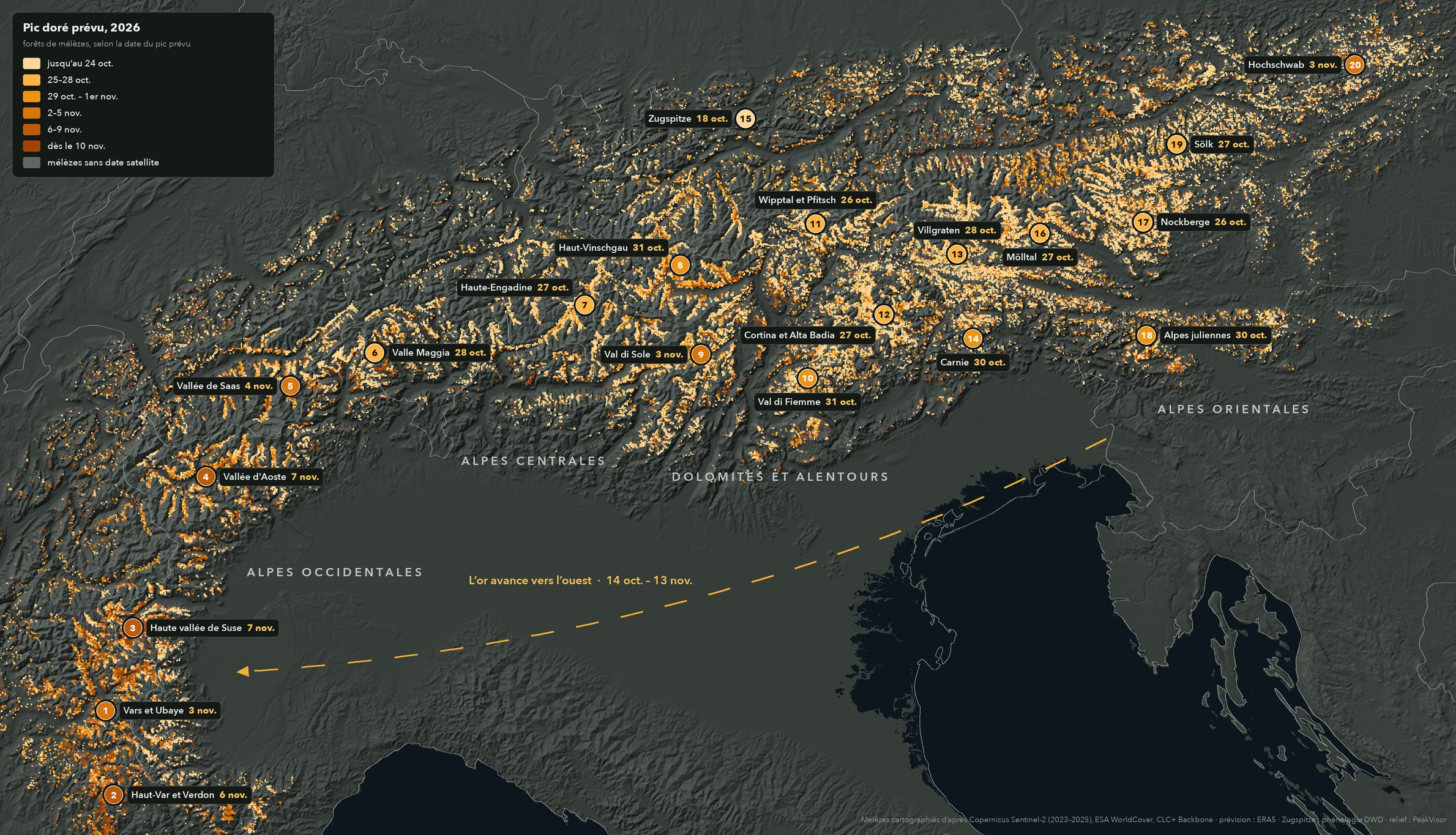 Mélèzes dorés 2026 : quand et où les Alpes se parent d'or
