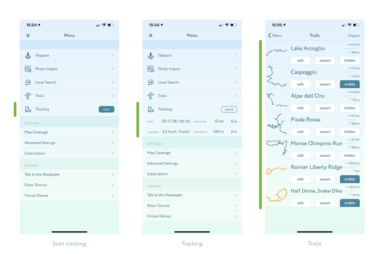 Screenshots: start GPS tracking, hiking stats, GPS trails list