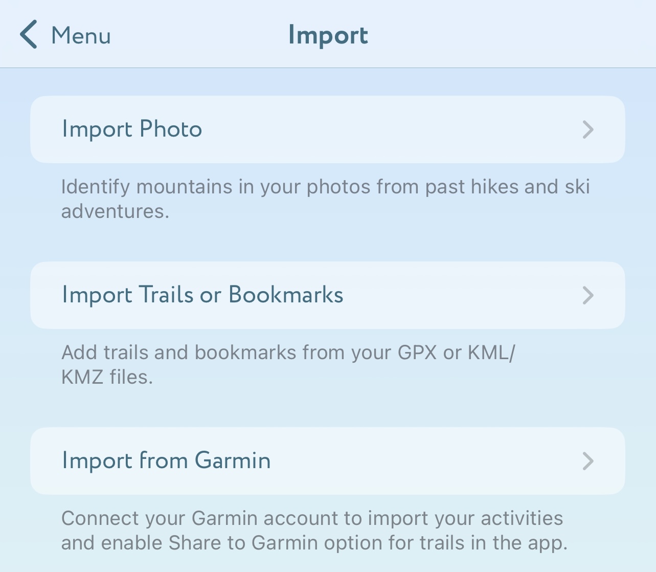 Import from Garmin menu