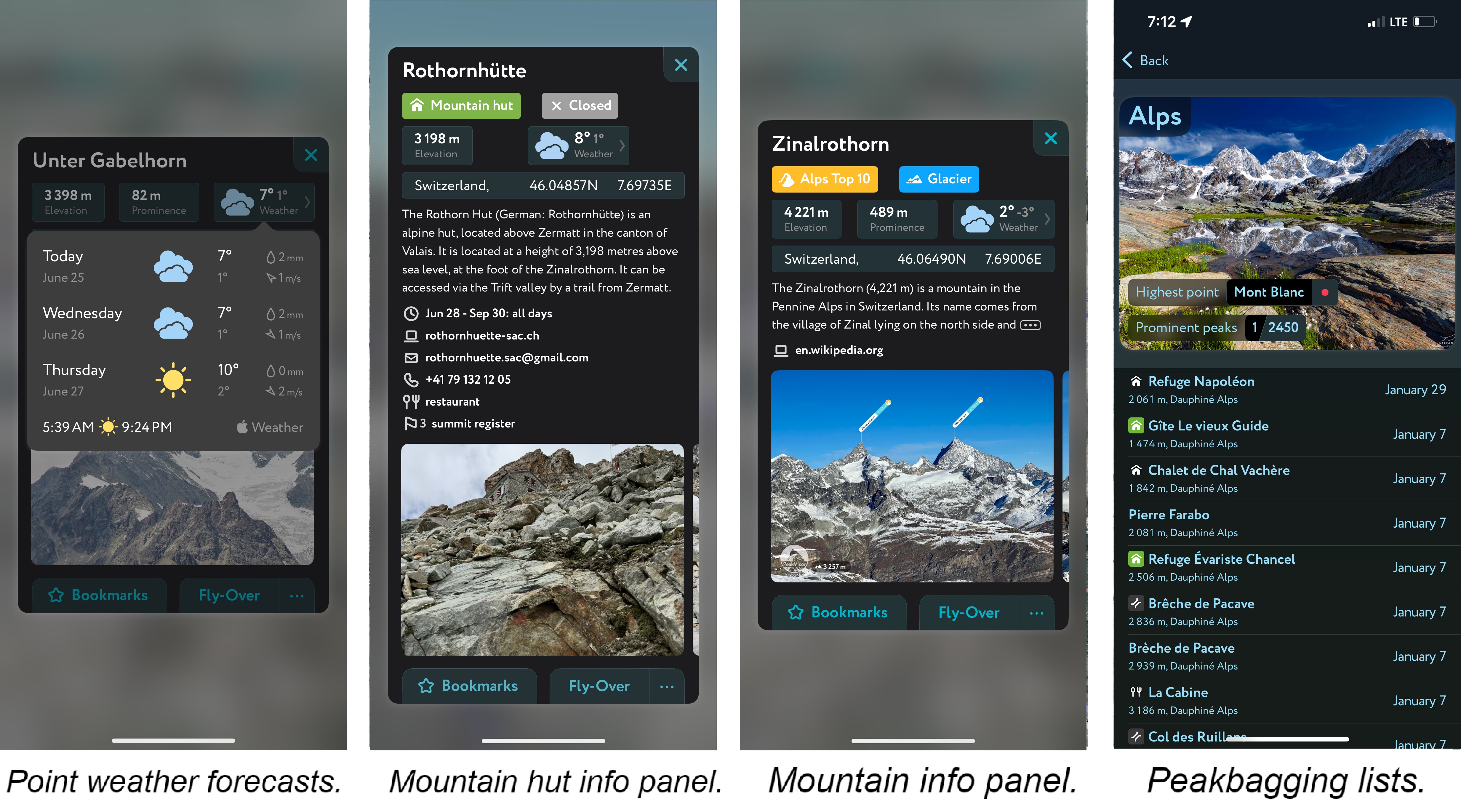 Point weather forecasts. Mountain hut info panel. Mountain info panel. Peakbagging lists. FATMAP Replacement