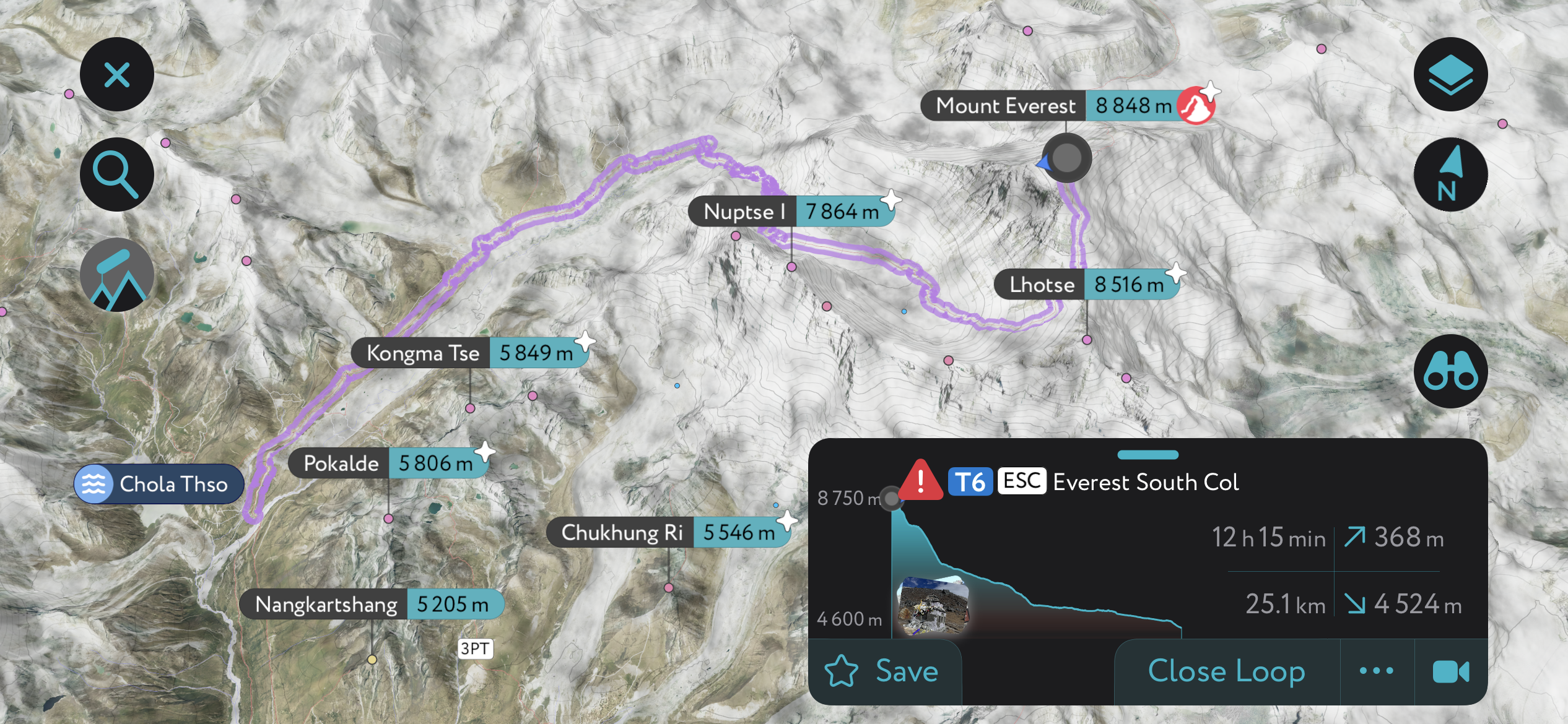 The South Col route up Everest on the PeakVisor App. The main route on the Nepalese side, the South Col is by far the most popular with commercial guided parties. Raises Everest Permit Price