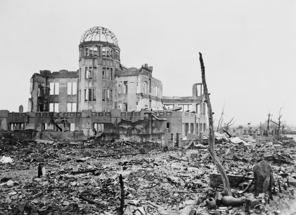 Wrecked framework of the Museum of Science and Industry in Hiroshima, Japan
