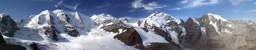 The Bernina Range and glacier basin seen from Diavolezza