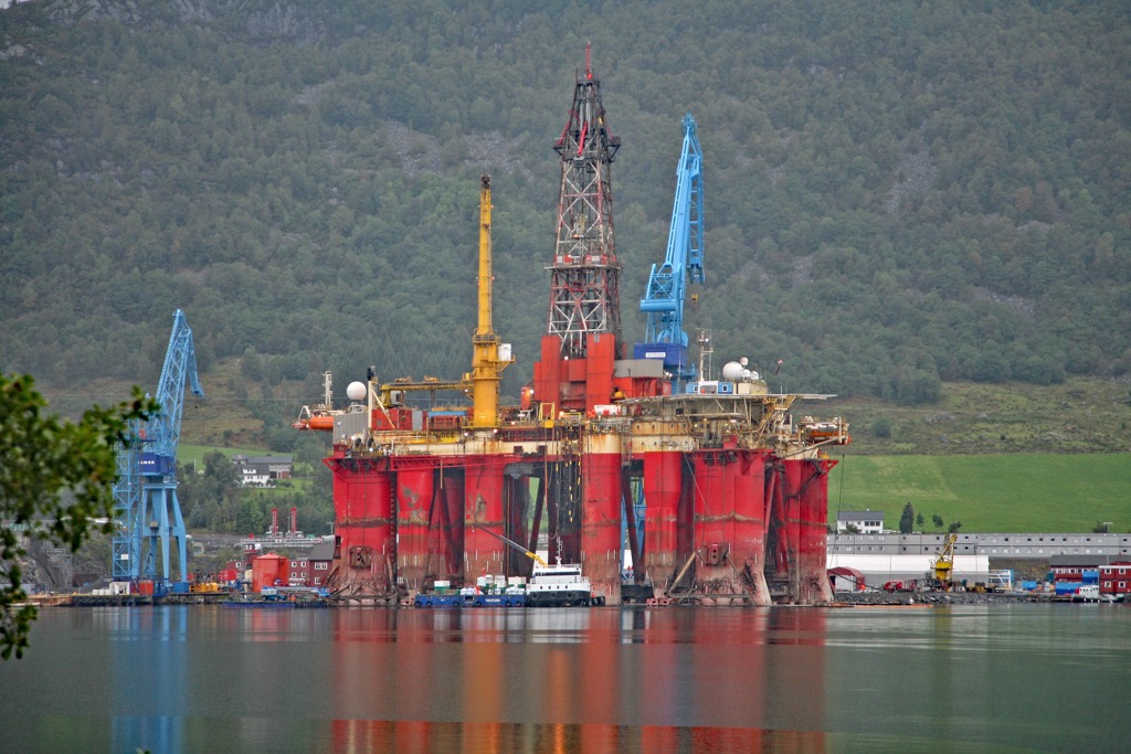 An oil and gas drilling platform in Ølensvåg, Norway. The country owes almost all of its considerable wealth to oil and gas. Norway