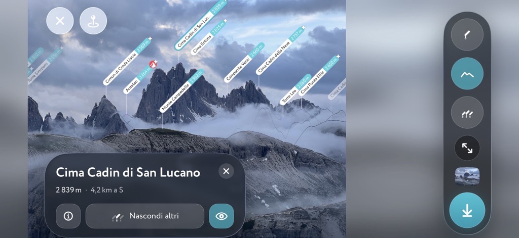 A mountain photo in PeakVisor with the peaks identified and labeled
