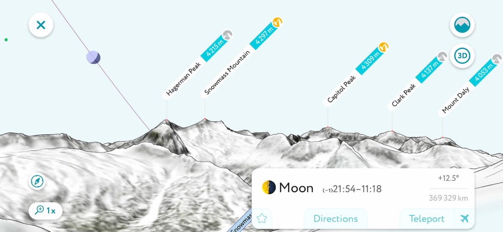 PeakVisor 3D panorama with the Moon’s path over the ridge and a card showing moonrise and moonset times