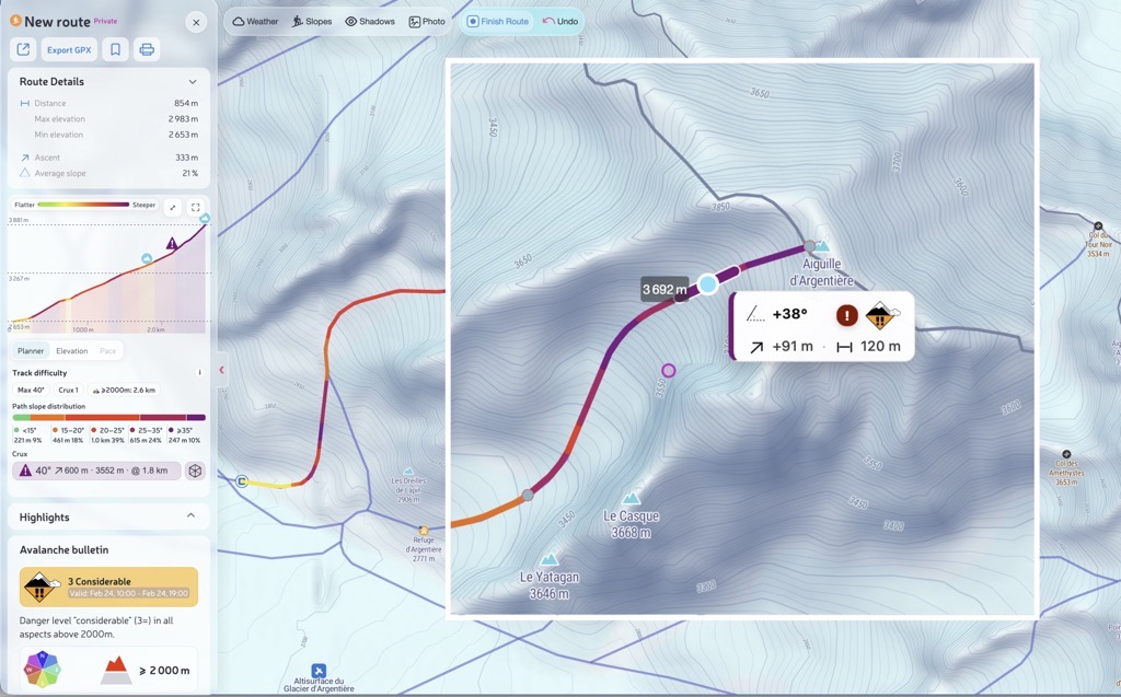 PeakVisor Route Planner with a drawn trail, elevation profile, distance and hiking time