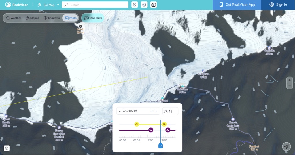 PeakVisor map with the Shadows layer on and the Time Travel slider for choosing the time of day