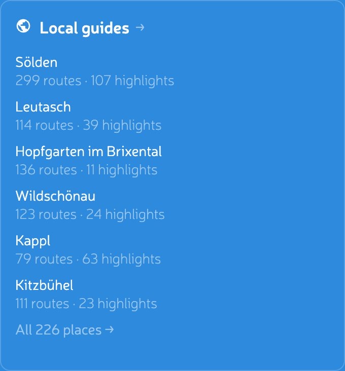 蒂罗尔地区页面侧边栏中的本地指南区块,列出了 Sölden、Leutasch、Hopfgarten im Brixental、Wildschönau、Kappl 和 Kitzbühel,以及它们的路线和亮点数量。