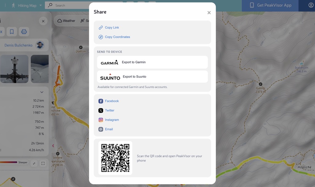 Share public routes to Garmin and Suunto from PeakVisor