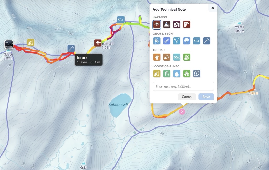 Hover tooltip on an avalanche note showing tag name, comment, distance, and elevation.