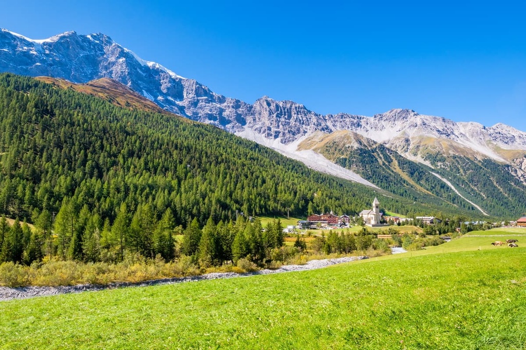 Haidersee (Lago della Muta) lake with Ortler peak, Southern Rhaetian Alps