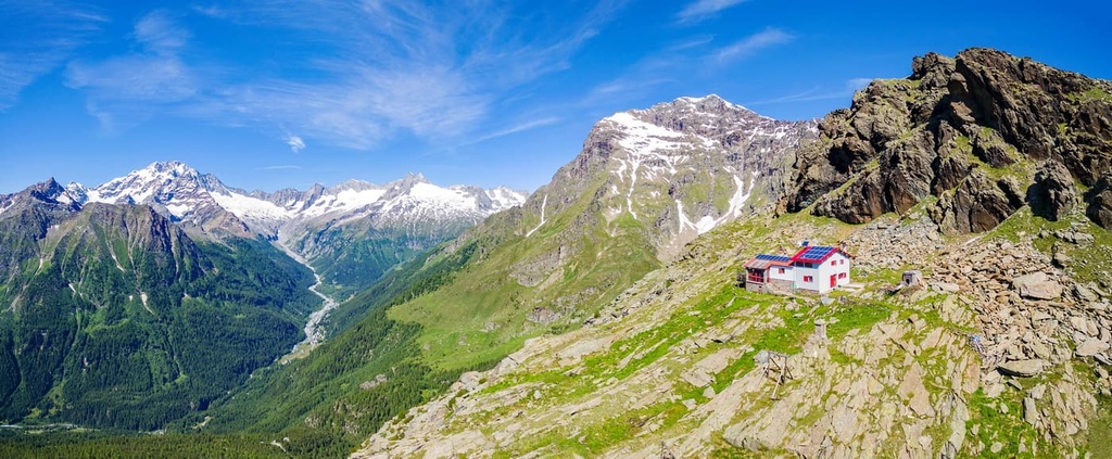 Valmalenco (IT), Longoni Refuge, Aerial view towards Mount Disgrazia, Western Rhaetian Alps