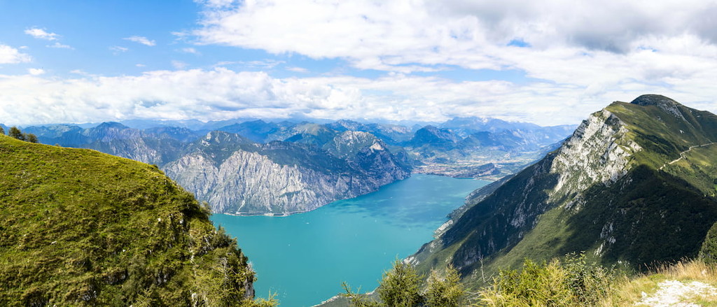 Lake Garda panorama from the top of Monte Baldo, Brescia and Garda Prealps