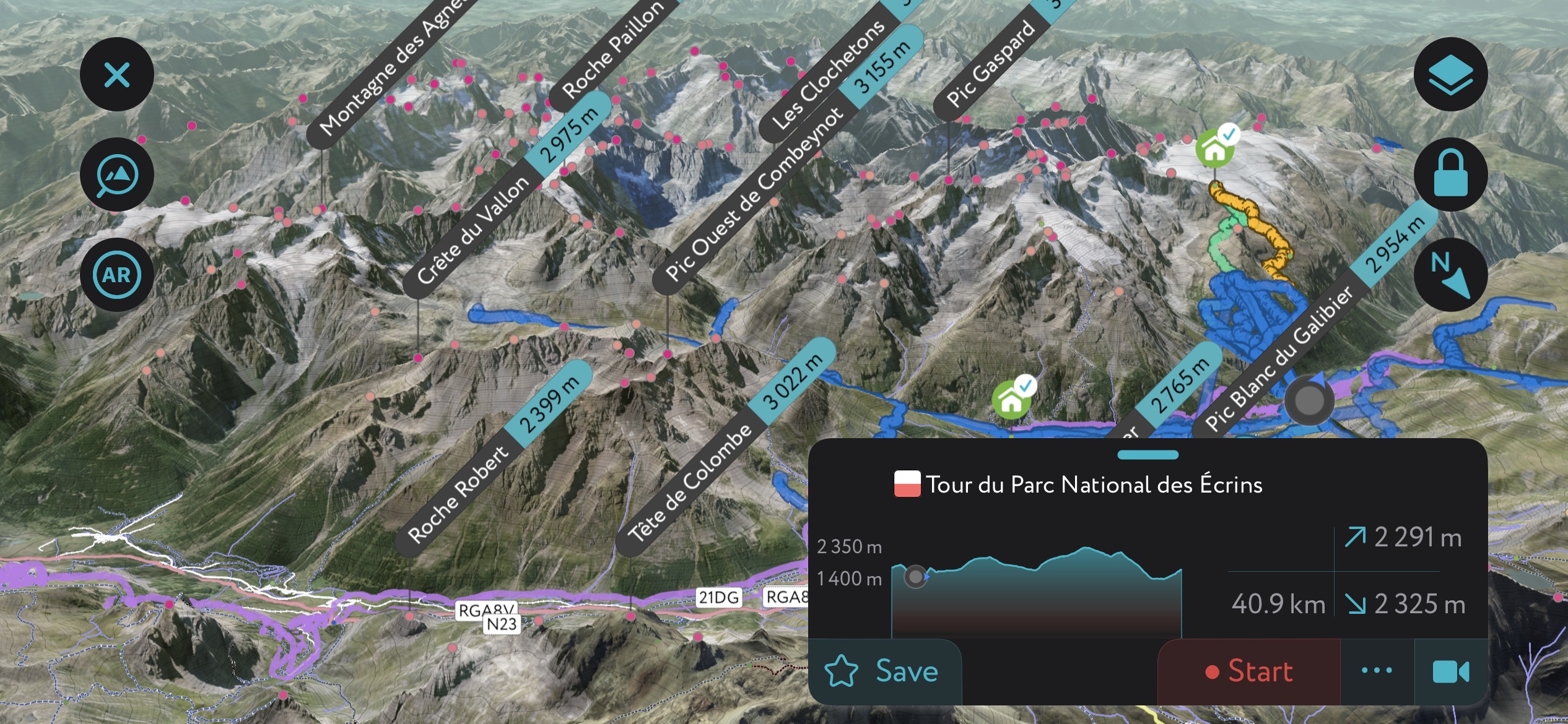 Best hiking. A section of the Tour des Écrins using PeakVisor’s mobile app