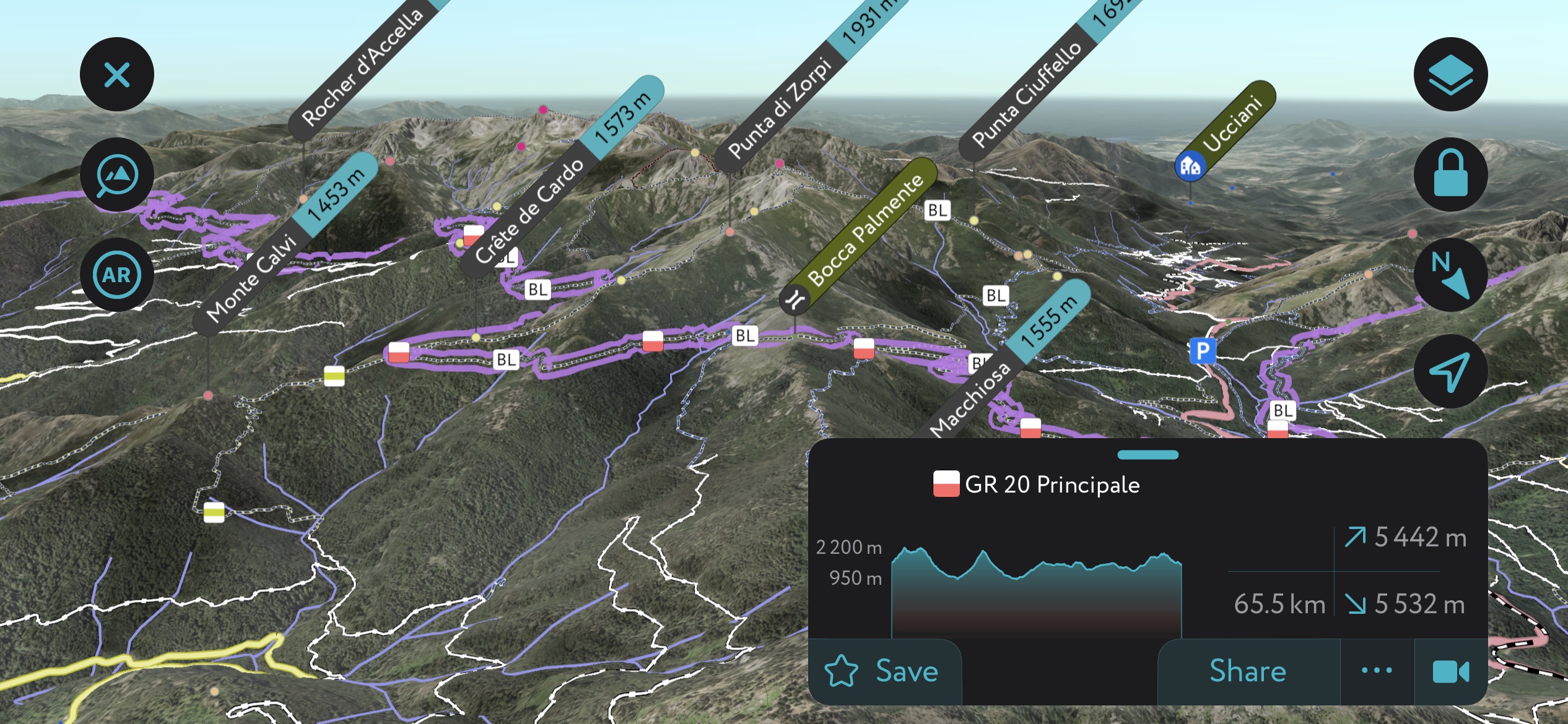 Best hiking. The GR-20 using PeakVisor’s mobile app