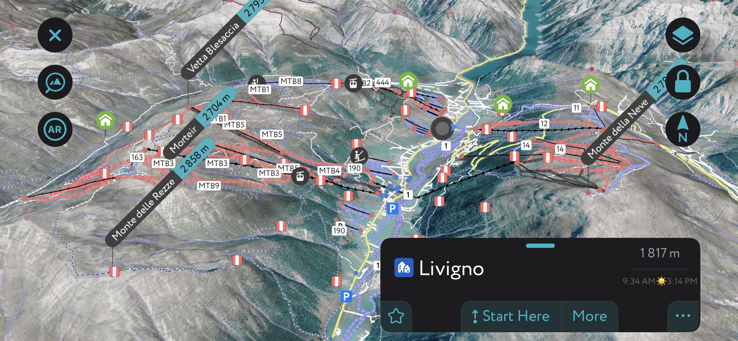 The Secrets to Finding the Best Snow Off-Piste.
Using PeakVisor’s maps can help save time; infrastructure, such as lifts and parking lots, is clearly indicated. Many lifts now have schedules available on the app.
